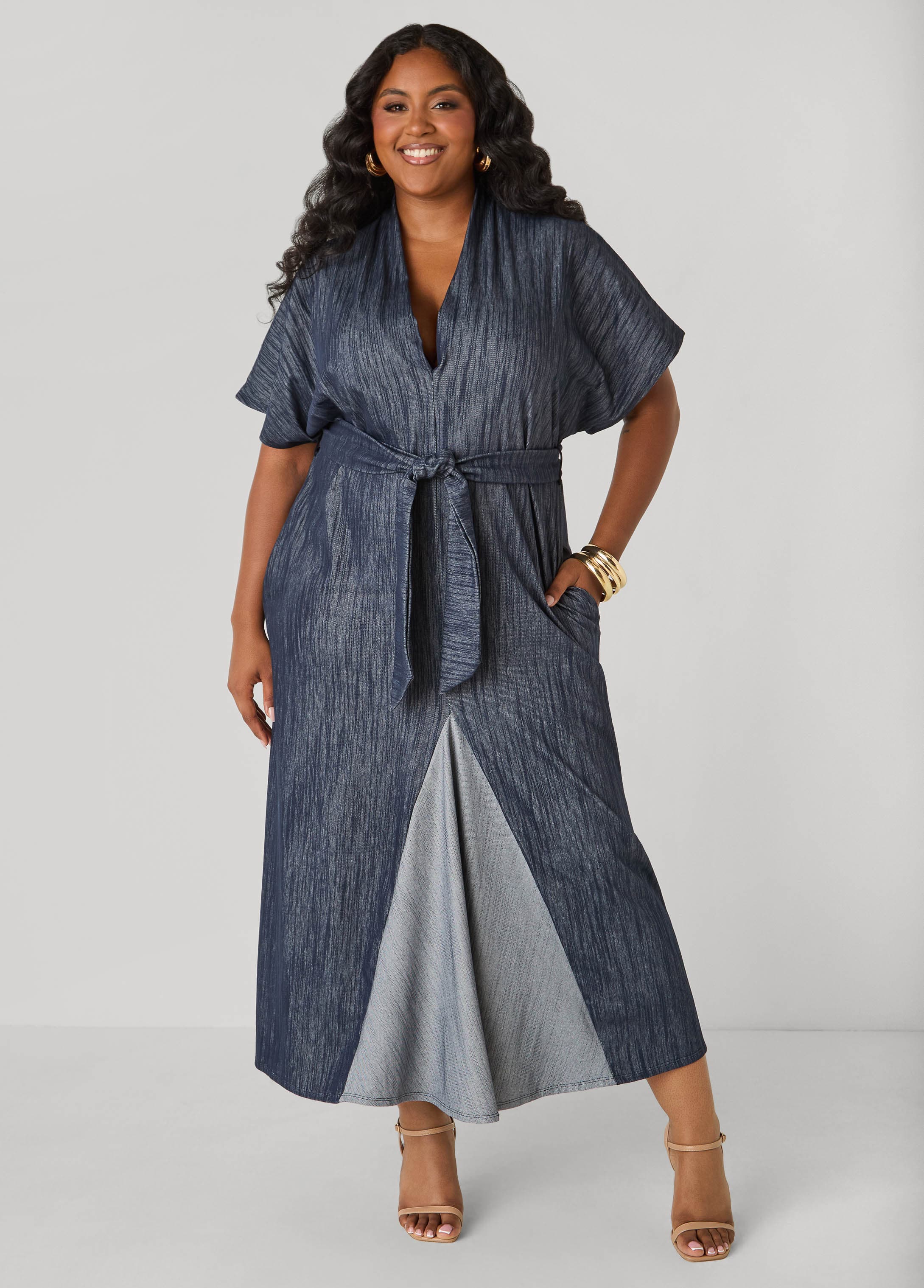 Plus Size Two Tone Denim Maxi Dress, Indigo, 10