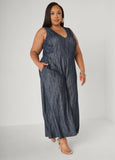 Textured Denim Wide Leg Jumpsuit