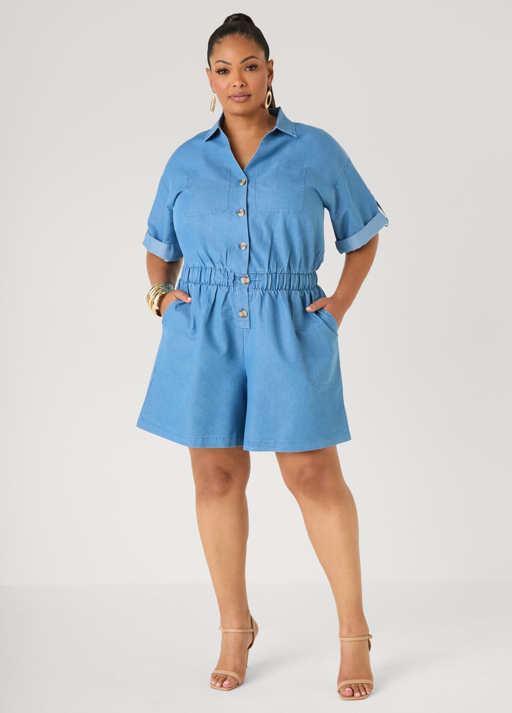 Cuffed Chambray Romper – Ashley Stewart