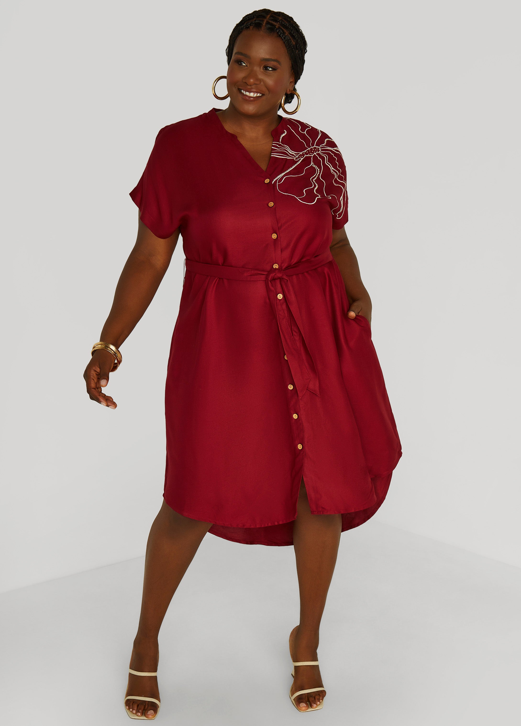 Plus Size Beaded Embroidered Midi Shirtdress