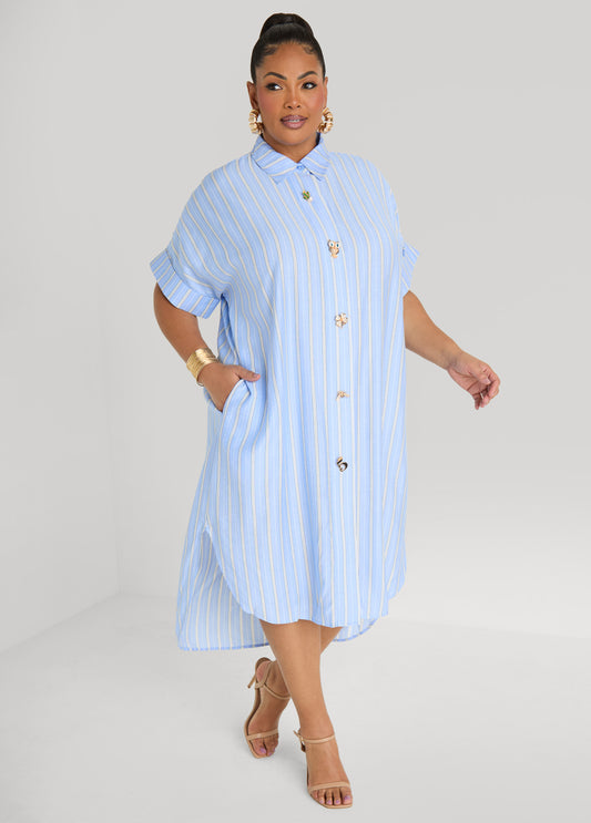 Button Detailed Striped Shirtdress