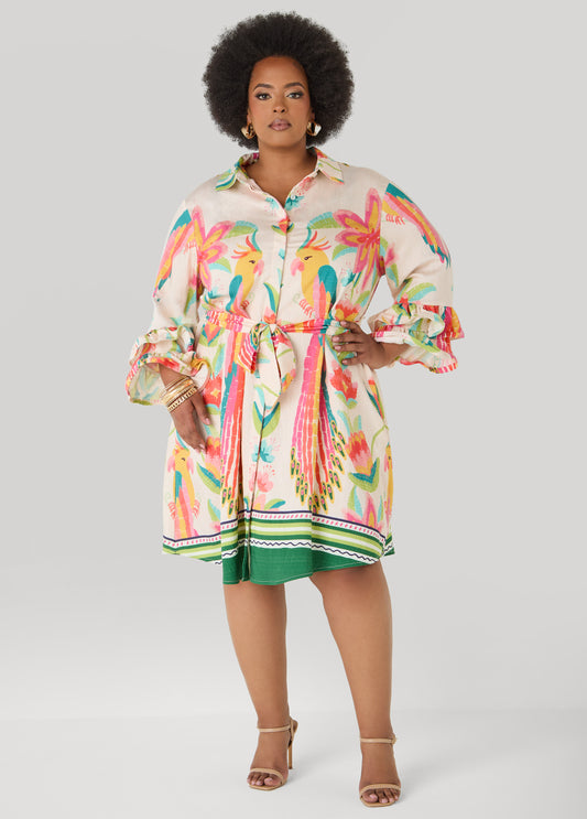 Ruffled Parrot Print Shirtdress