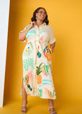Plus Size Tropical Print Flower Maxi Dress Linen Summer Shirtdress