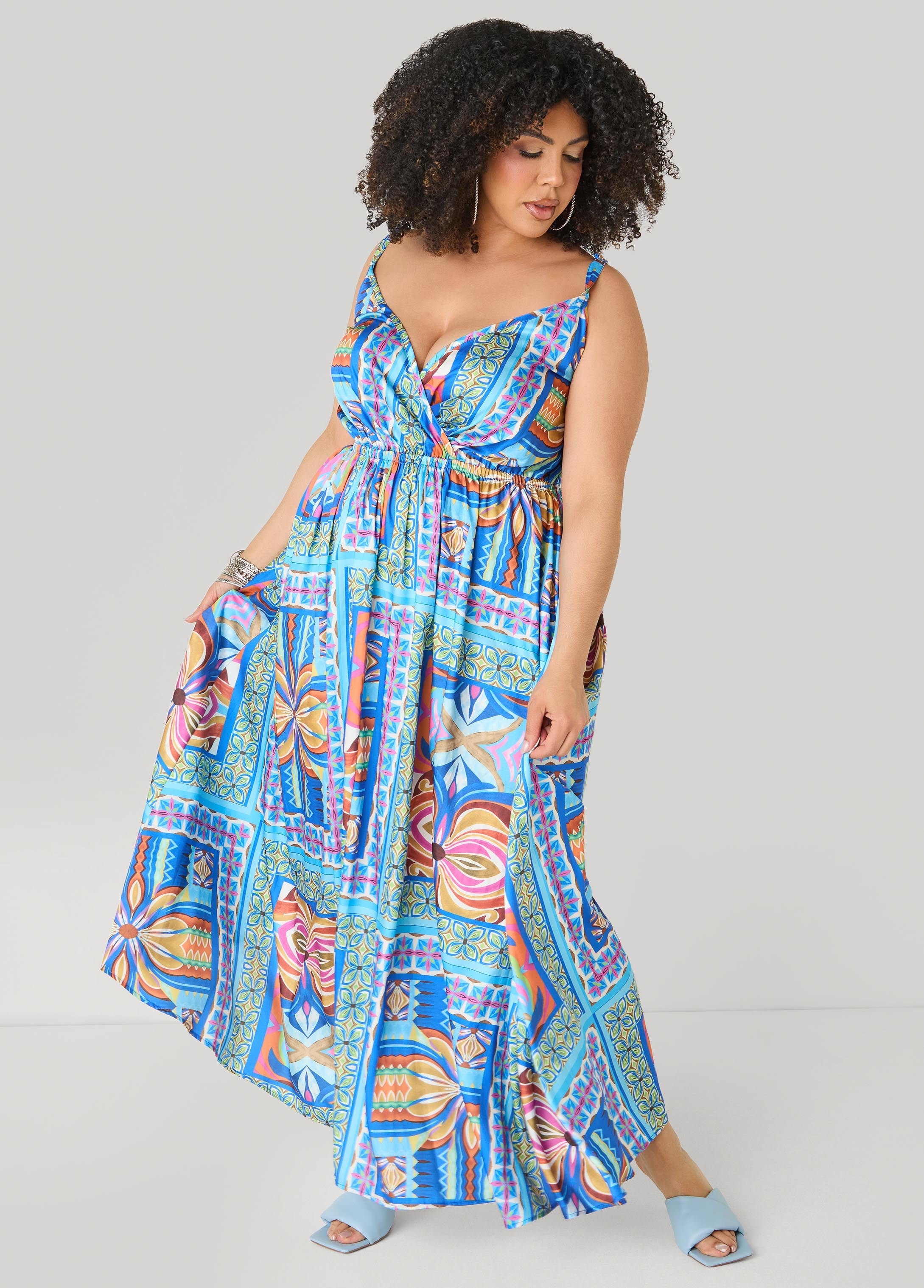 Plus Size Tile Print Satin Maxi Dress, Multi, 26/28 Plus Size Tile Print Satin Maxi Dress, Multi, 26/28