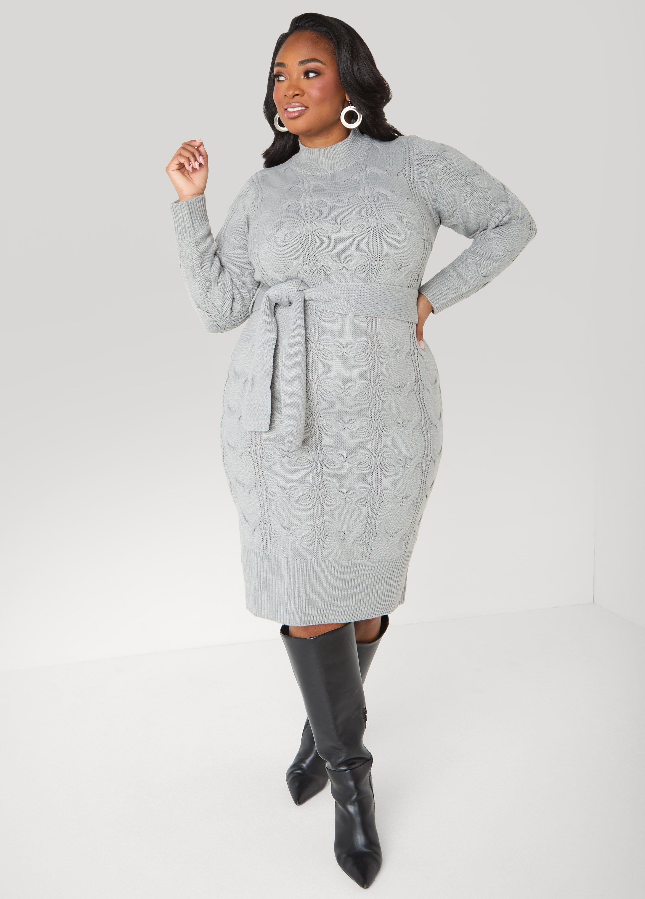 Plus Size Belted Cable Knit Sweater Dress