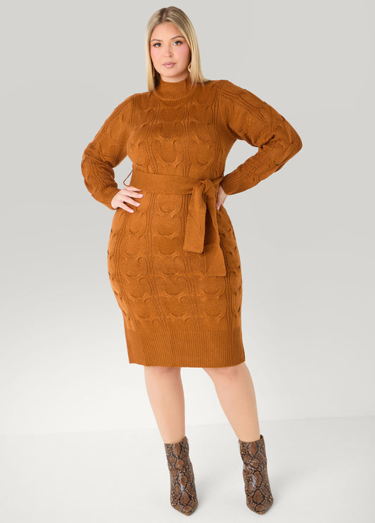 Belted Cable Knit Sweater Dress