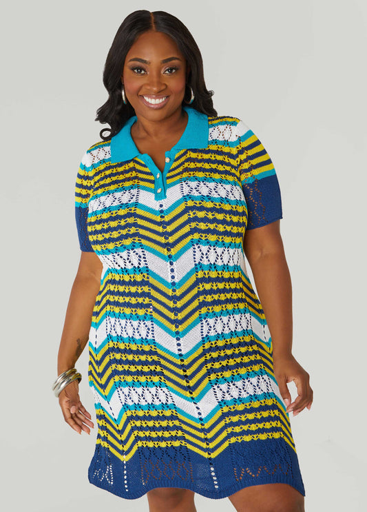Plus Size Striped Pointelle Knit Polo Dress
