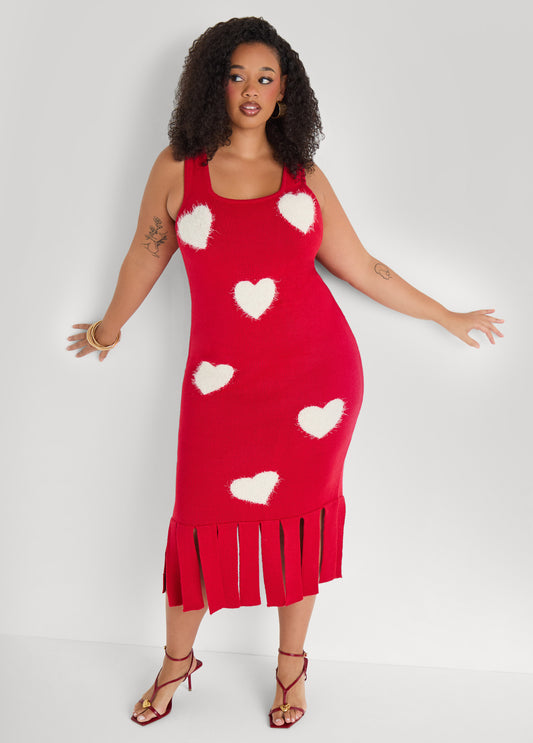 Heart Fringed Midi Sweater Dress