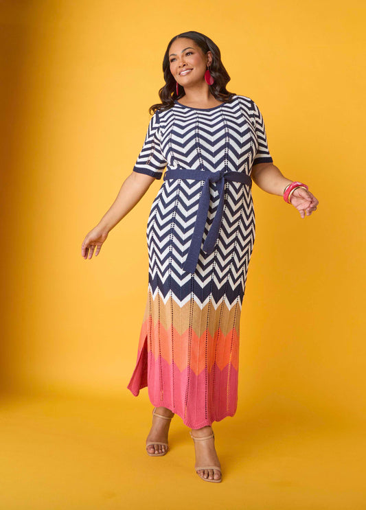 Plus Size Zig Zag Maxi Dress Colorblock Pointelle Knit Dress