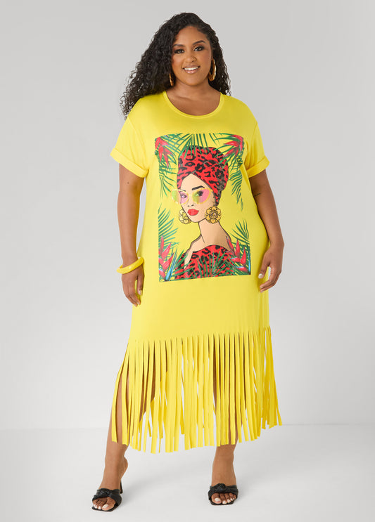 Tropical Fringed T Shirt Dress