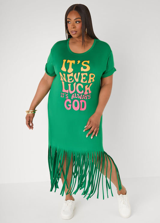 Plus Size Never Luck Always God Green Short Sleeve Maxi T Shirt Dress