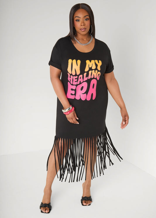 Plus Size In My Healing Era Black Short Sleeve Maxi T Shirt Dress