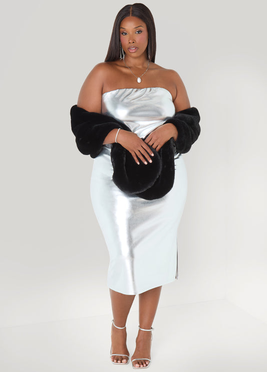 Plus Size bodycon metallic silver faux leather party holiday dress