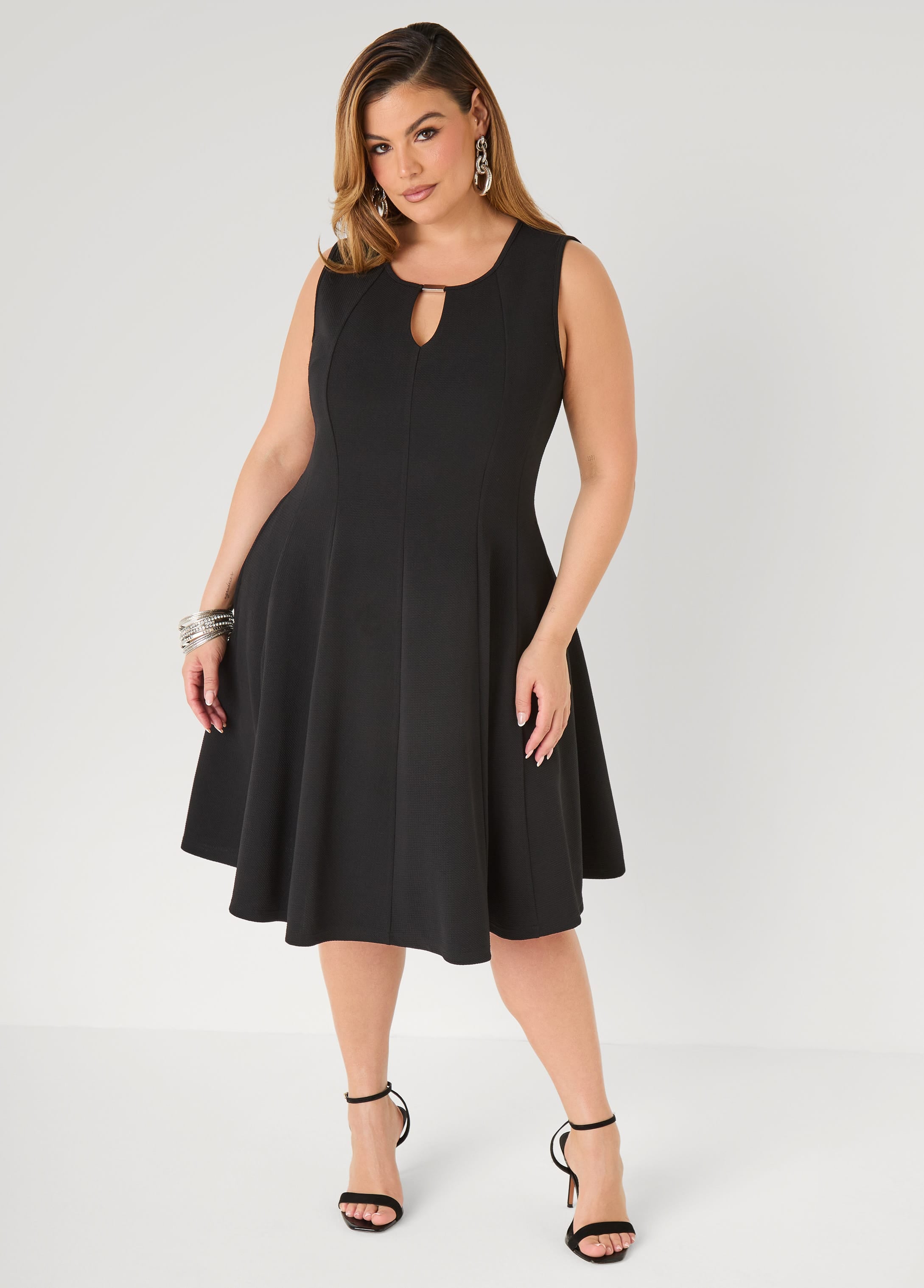 Plus Size Textured Knit A Line Dress, Black, 26/28