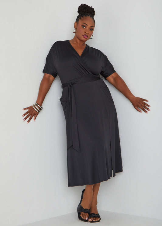 Plus Size Belted Faux Wrap Midi Dress