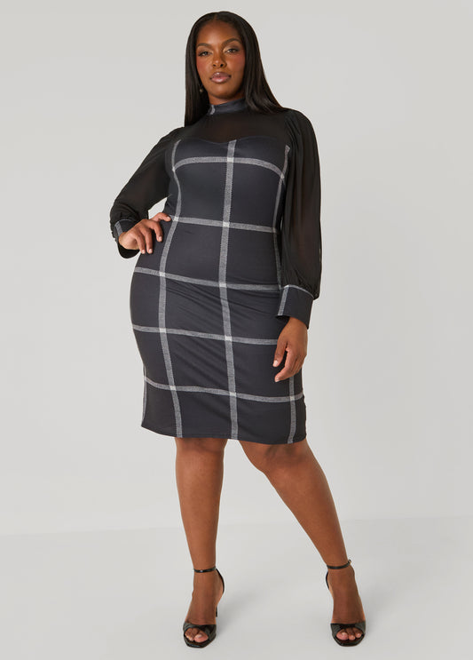 Mesh Paneled Plaid Sheath Dress