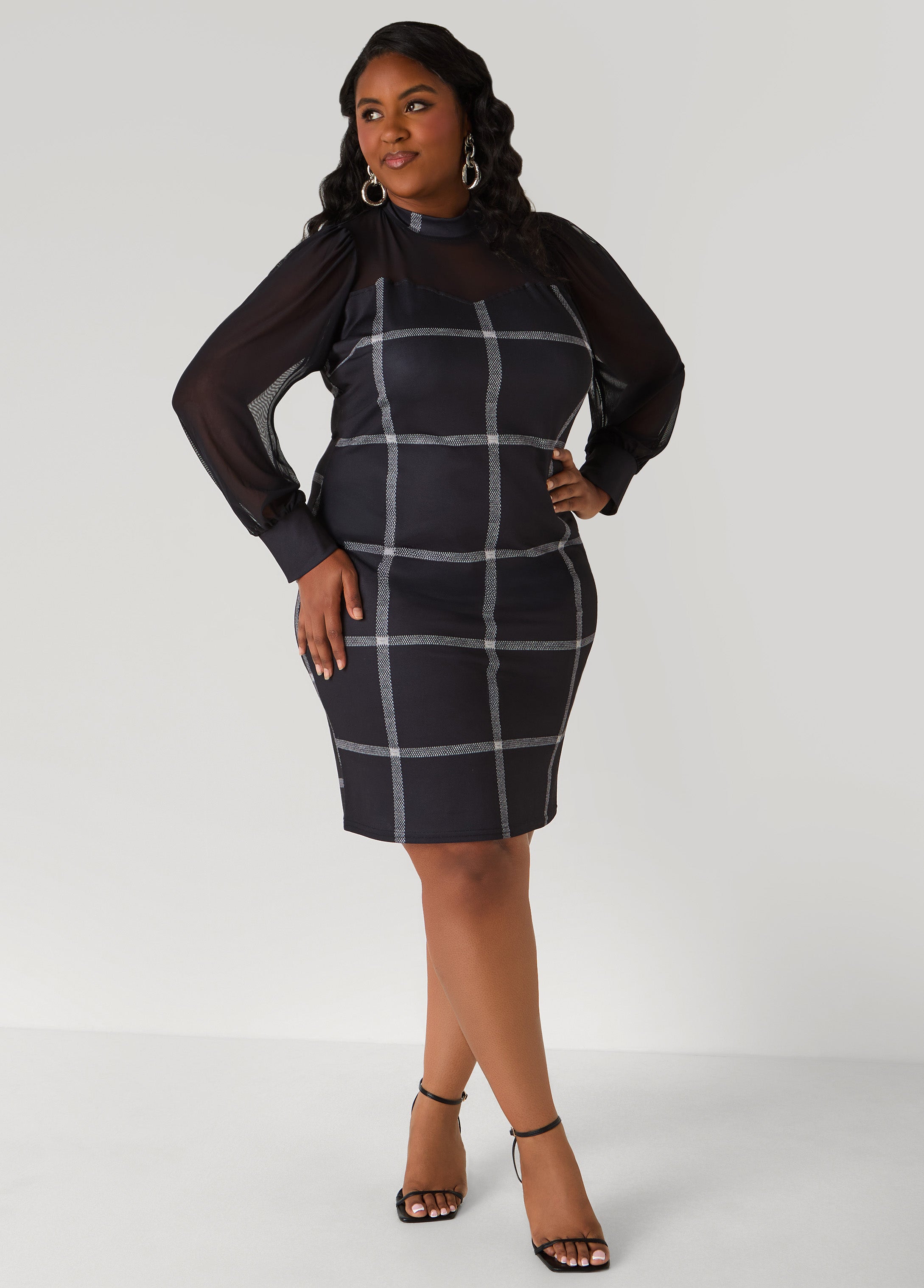 Plus Size Mesh Paneled Plaid Sheath Dress