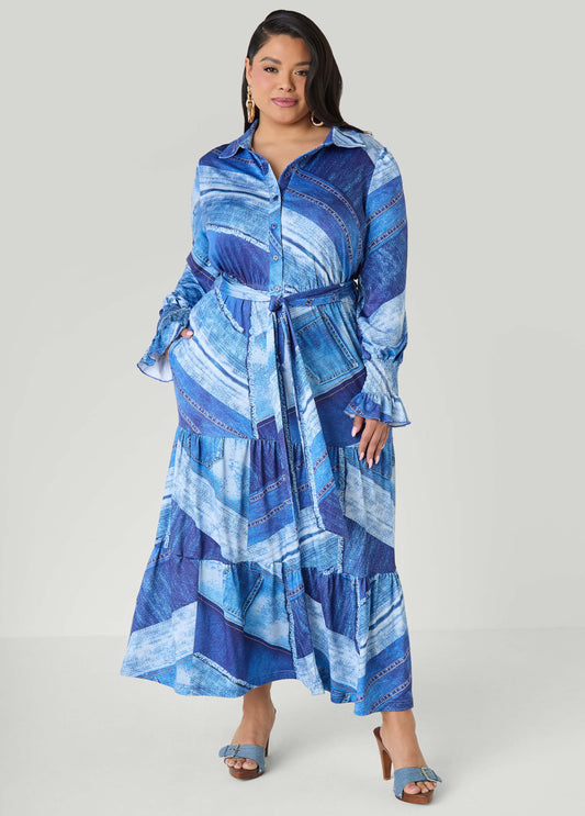 Patchwork Denim Print Maxi Dress