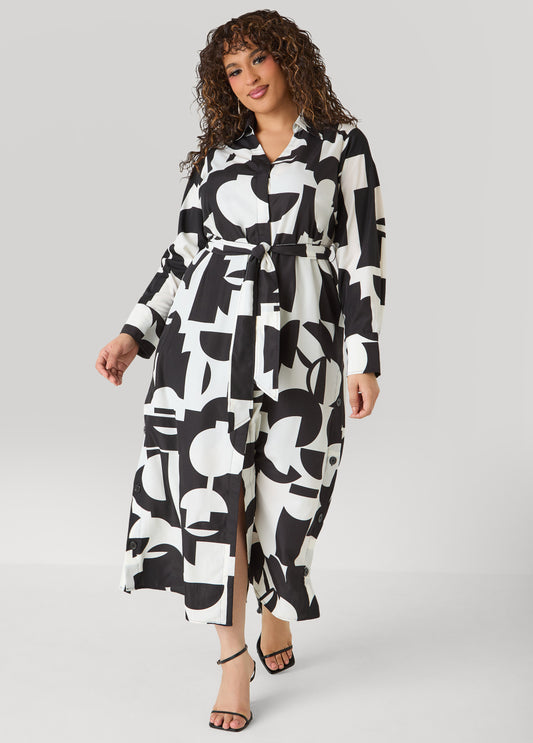 Button Detail Geo Maxi Shirtdress