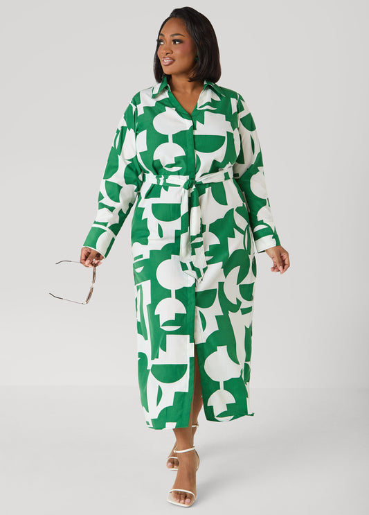 Plus Size Green Shirtdress Plus Size Belted Maxi Spring Dress