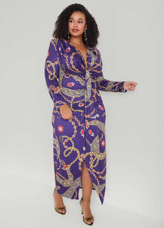 Plus Size Status Print V Neck Maxi Dress