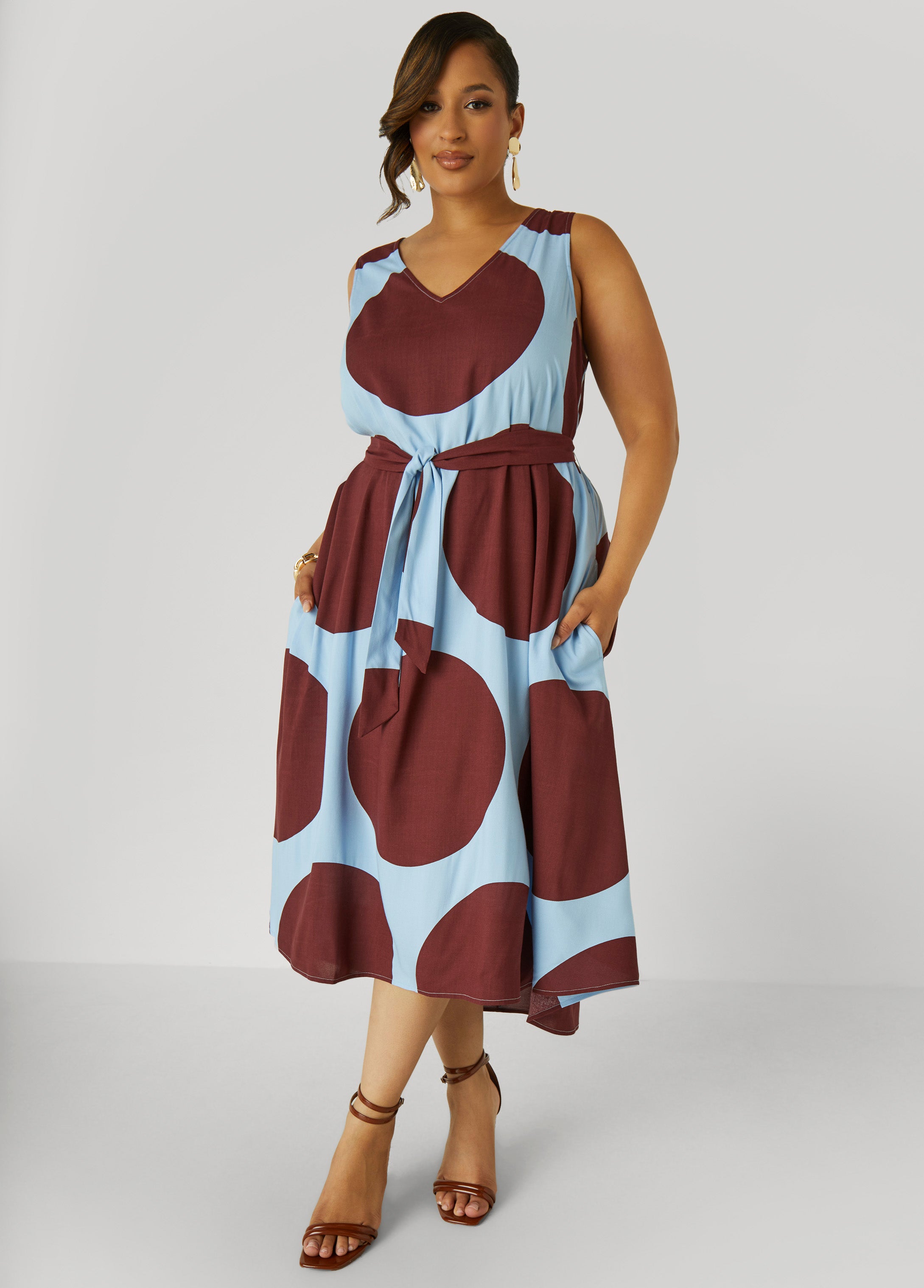 Plus Size Belted Polka Dot Midi Dress