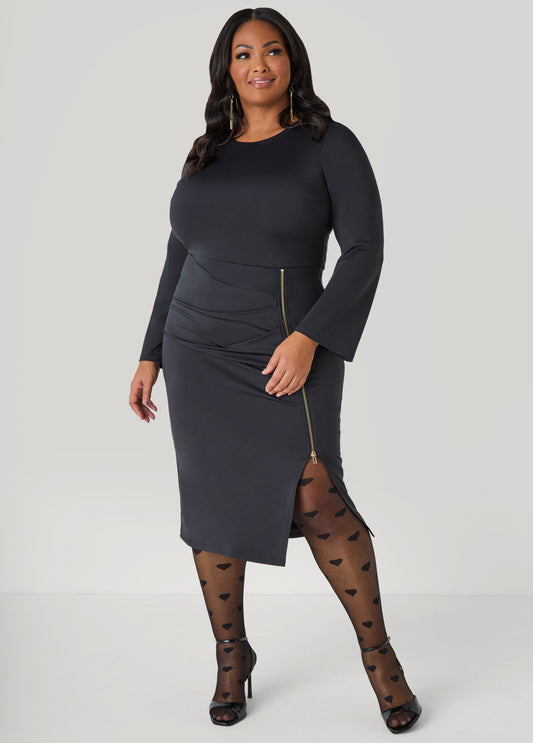 Plus Size Zip Detailed Bodycon Midi Dress