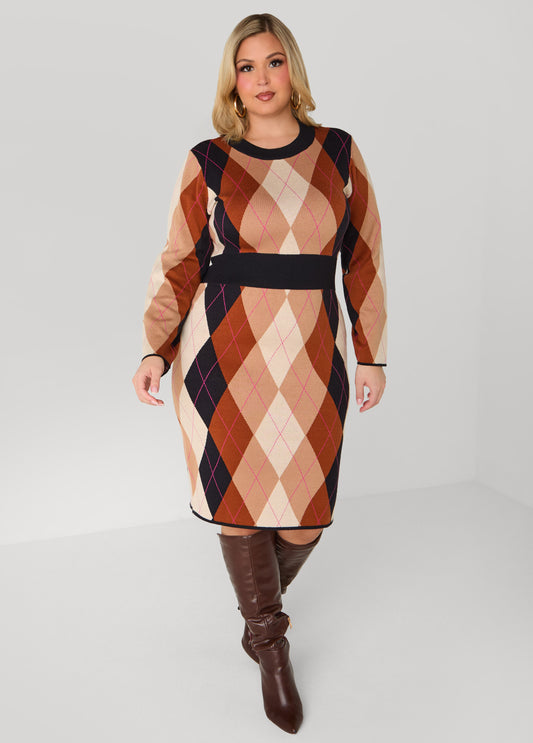 Plus Size Argyle Intarsia Sweater Dress