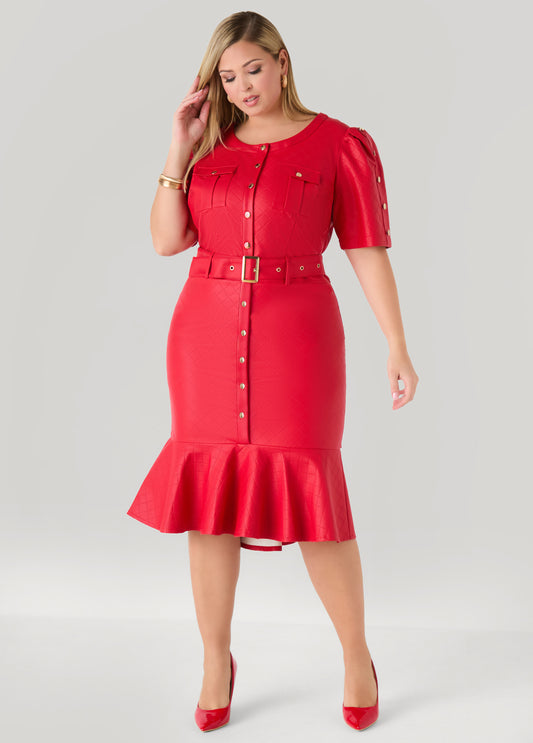 Plus Size Perforated Faux Leather Dress