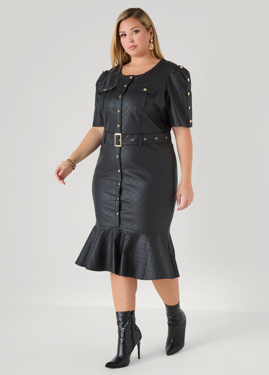 Plus Size Perforate Effect Faux Leather Dress