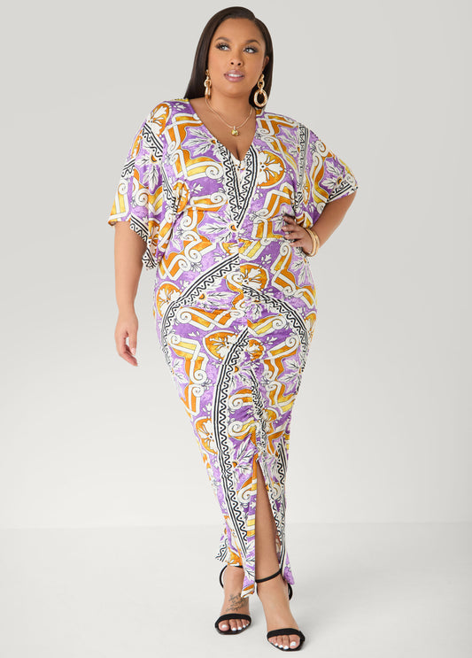 Ruched Printed Maxi Bodycon Dress