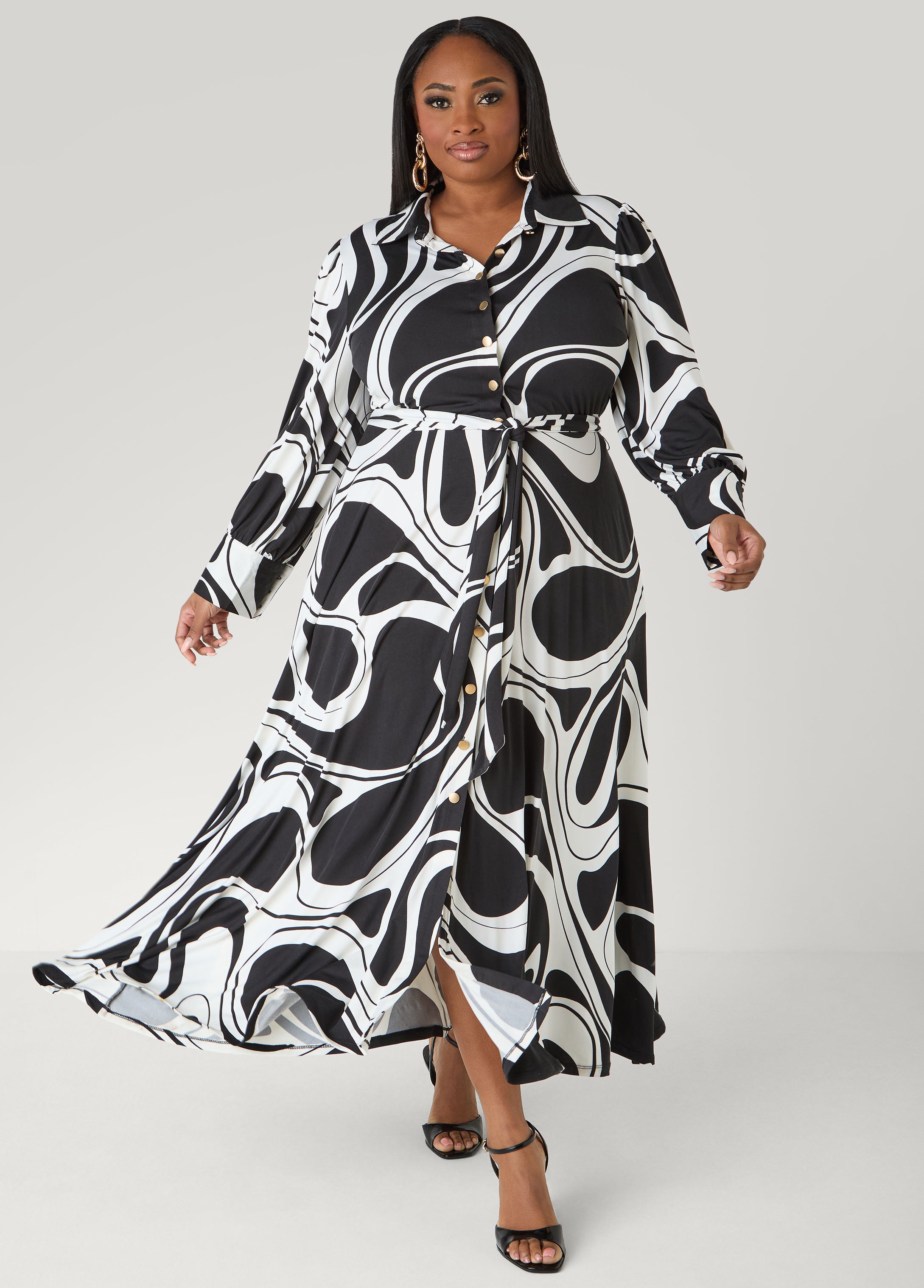 Swirl Print A Line Maxi Shirtdress - Black White / 14/16 Swirl Print A Line Maxi Shirtdress - Black White / 14/16
