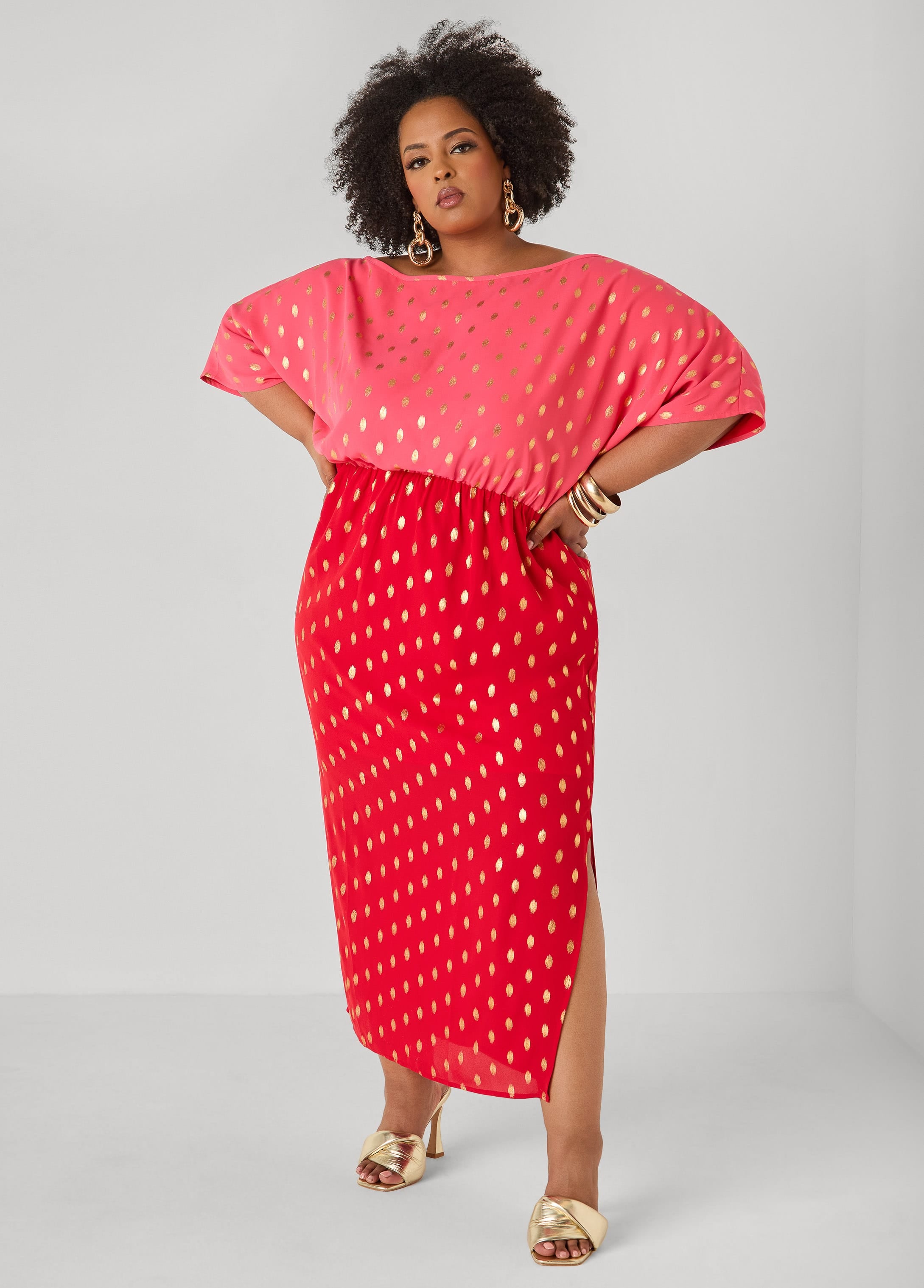 Plus Size Dotted Two Tone Maxi Dress, Macaw Green, 34/36