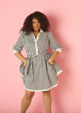 Plus Size Striped Knee Dress Black White Shirt Dress Cotton Dress