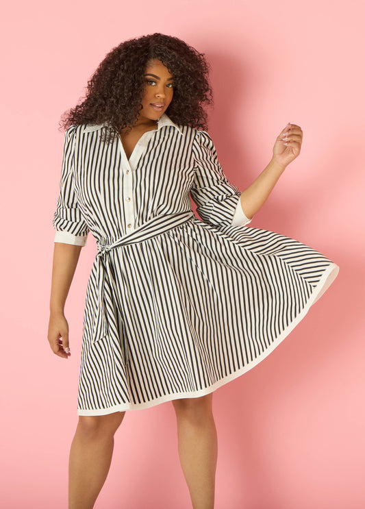 Plus Size Striped Knee Dress Black White Shirt Dress Cotton Dress