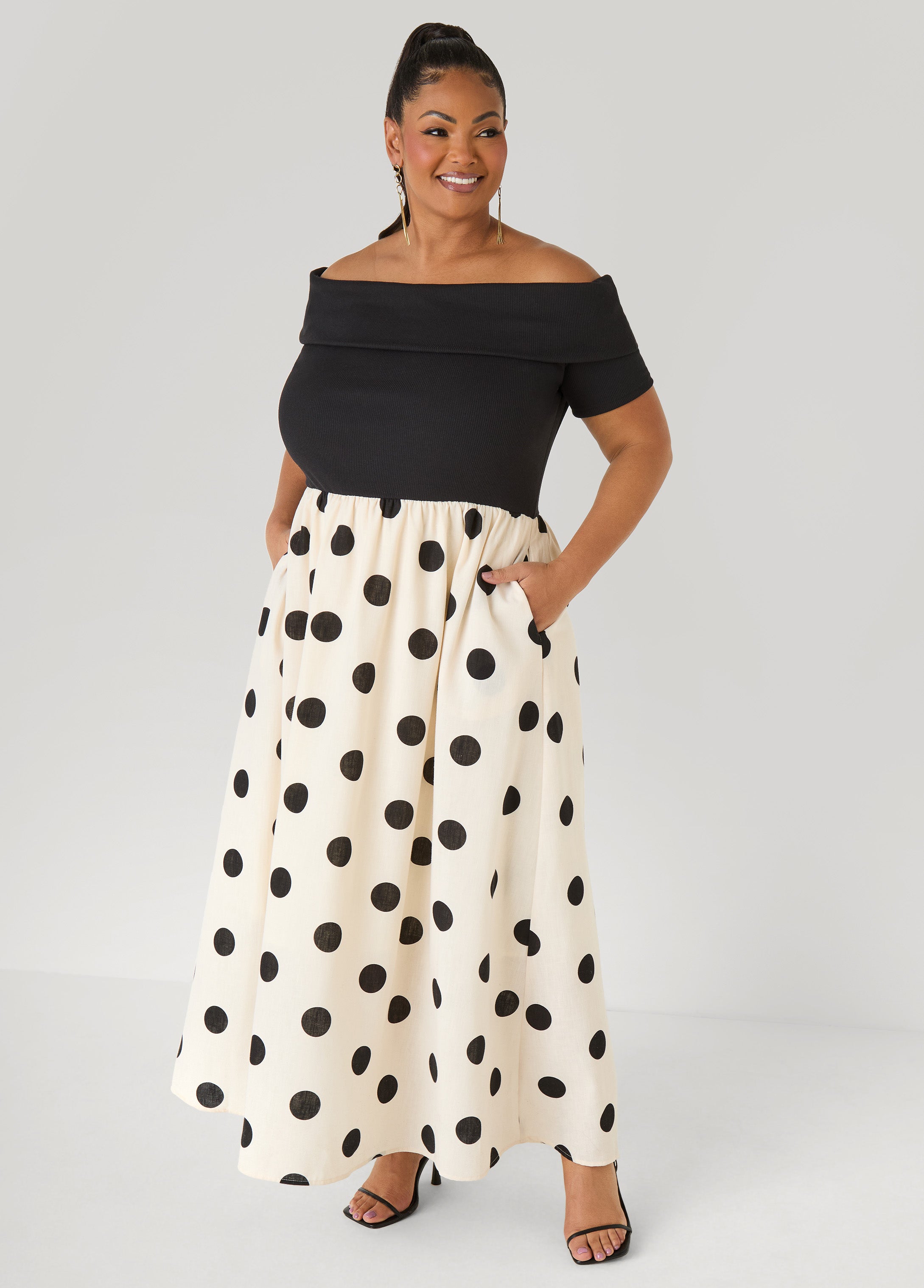 Plus Size Off The Shoulder Polka Dot Dress, White Black, 34/36 - Ashley Stewart Plus Size Off The Shoulder Polka Dot Dress, White Black, 34/36 - Ashley Stewart