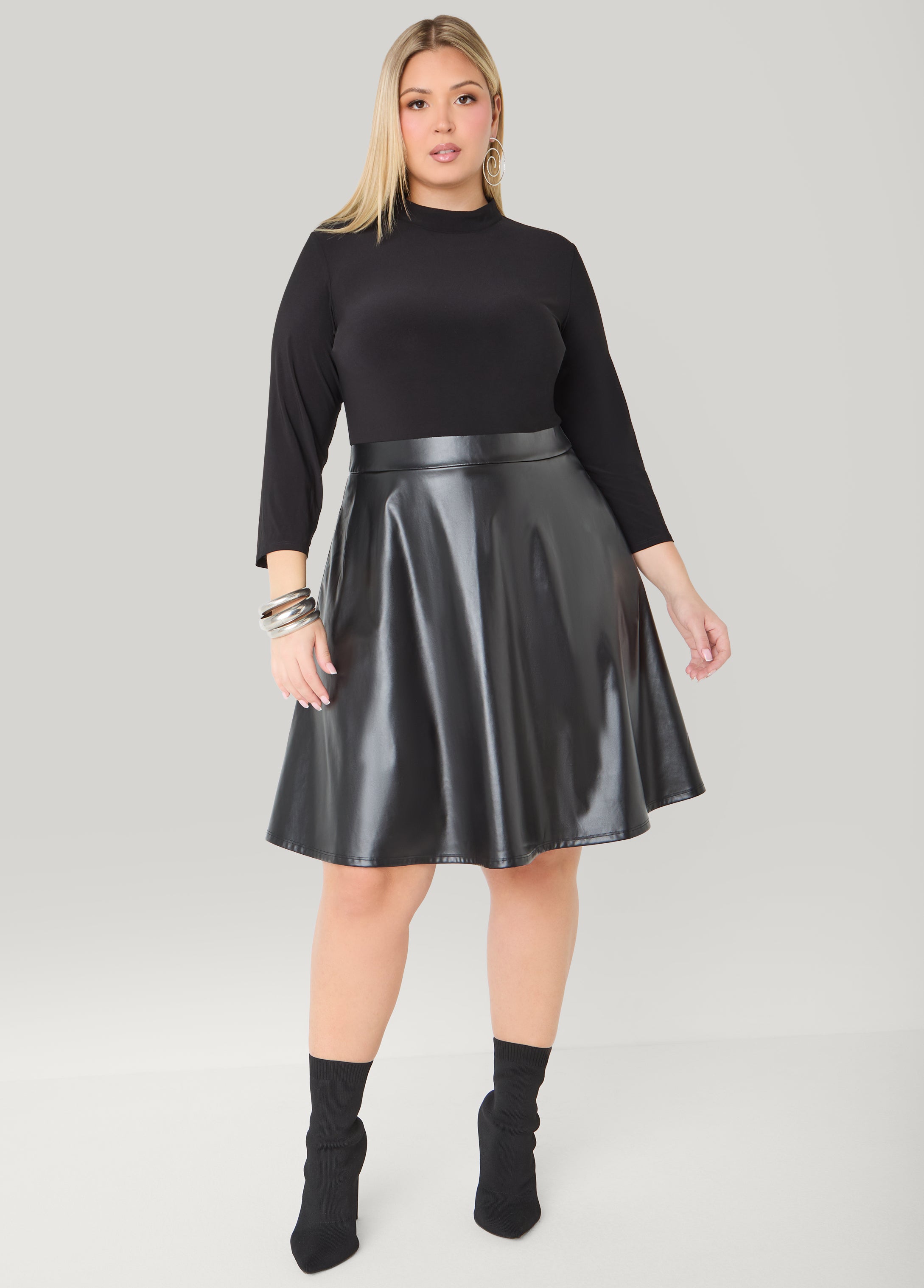 Paneled Faux Leather A Line Dress Ashley Stewart Paneled Faux Leather A Line Dress Ashley Stewart
