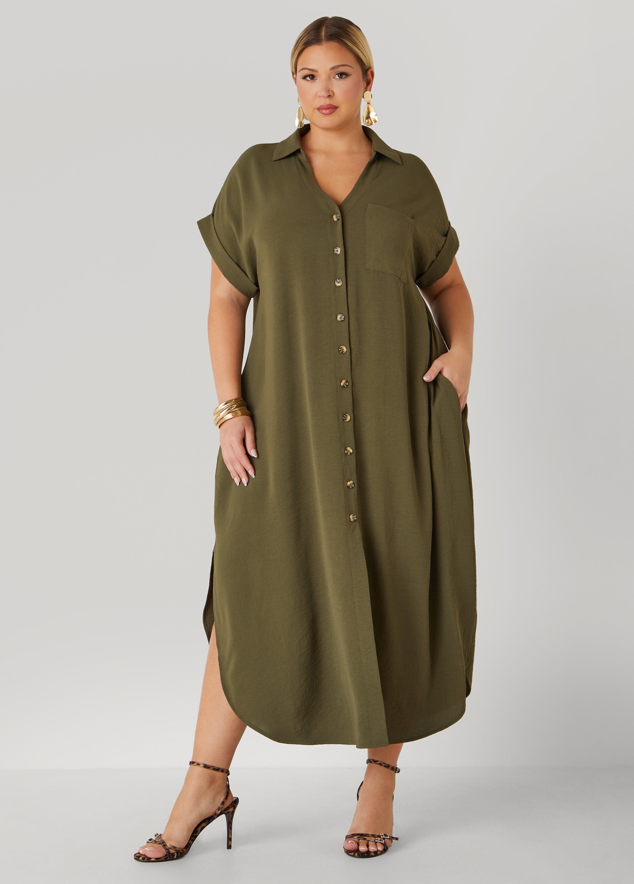 Cuffed Textured Maxi Shirtdress – Ashley Stewart