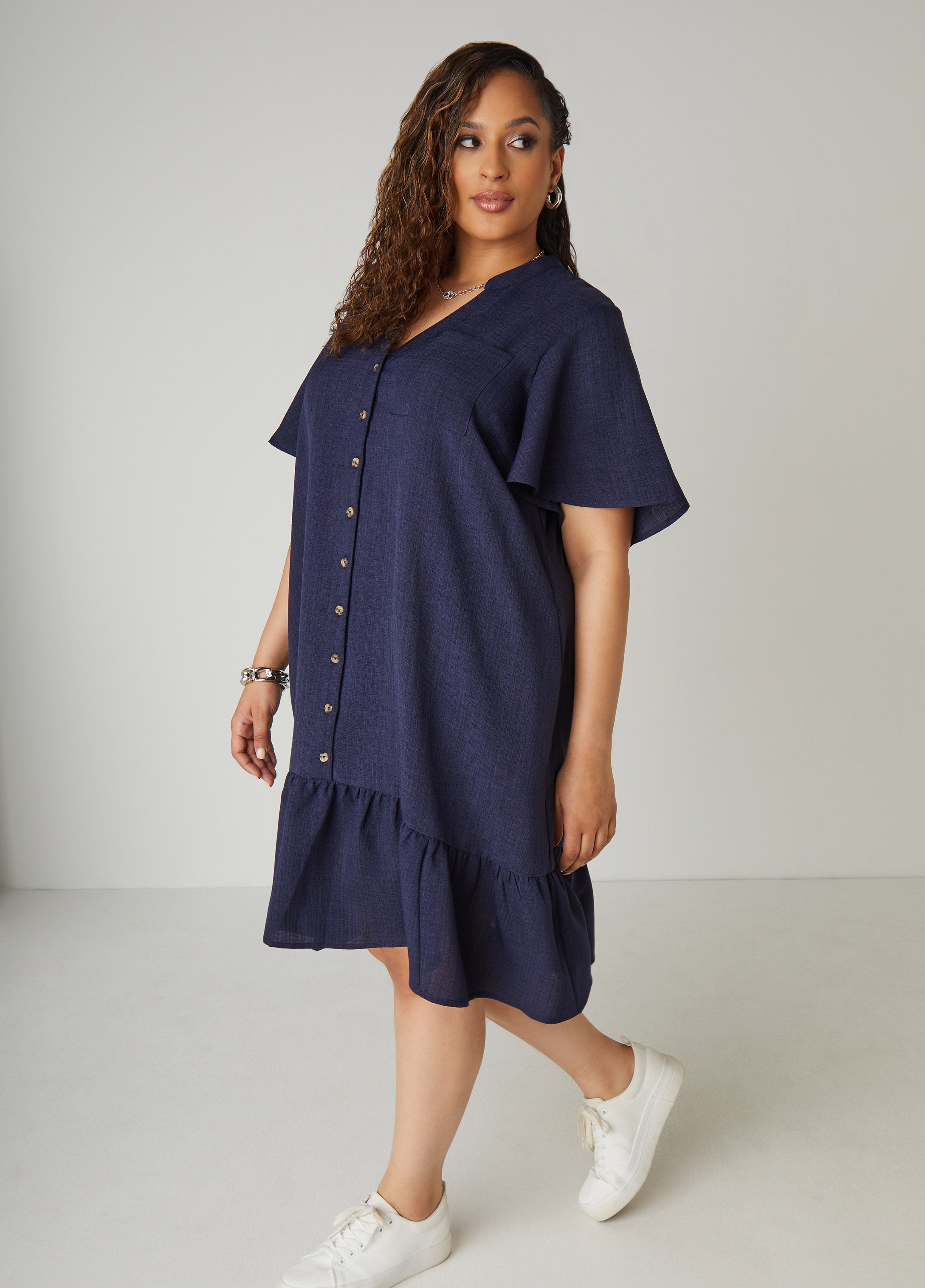 Plus Size Flounced Slub Woven Shirtdress