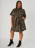 Belted Camo Print Denim Dress