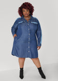 Plus Size Two Tone Denim Dress Knee Length Jean Dress Chambray Dress