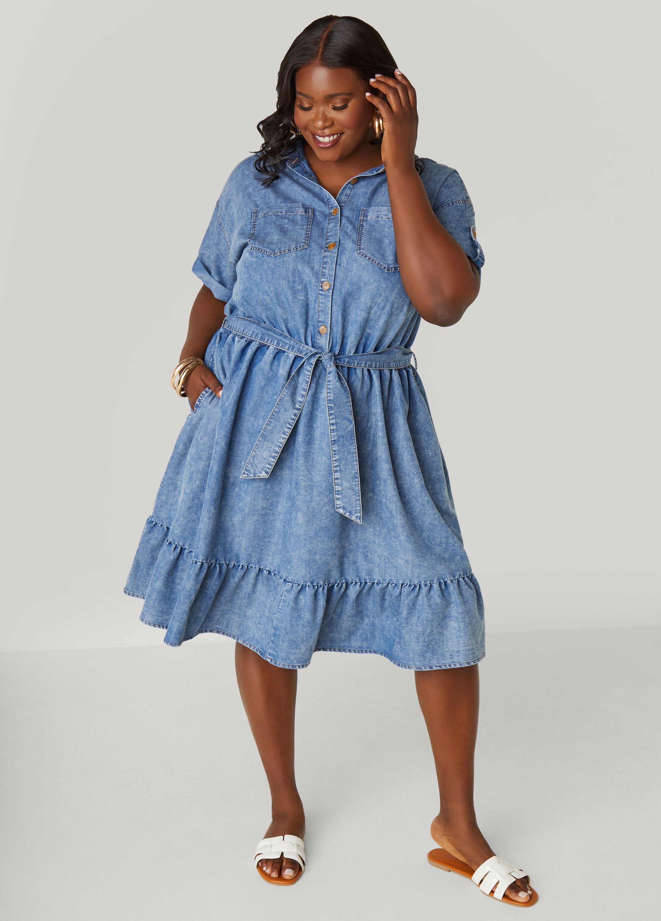 ashley stewart plus size denim dresses Plus Size Tulle Paneled Denim Maxi Dress, Dk Rinse, 26/28