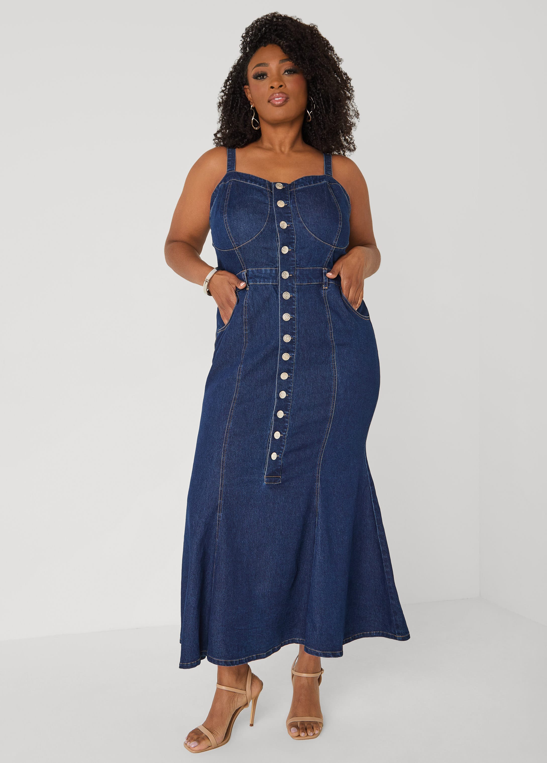 Plus Size Sweetheart Maxi Denim Dress, Denim Blue, 22/24