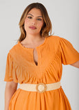 Belted Pintucked Linen Blend Dress