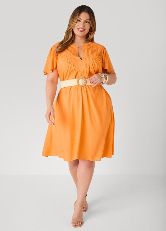 Belted Pintucked Linen Blend Dress