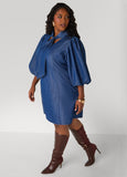 Studded Puff Sleeve Chambray Dress