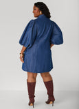 Studded Puff Sleeve Chambray Dress