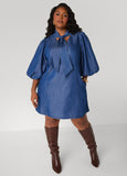 Plus Size Studded Puff Sleeve Chambray Dress