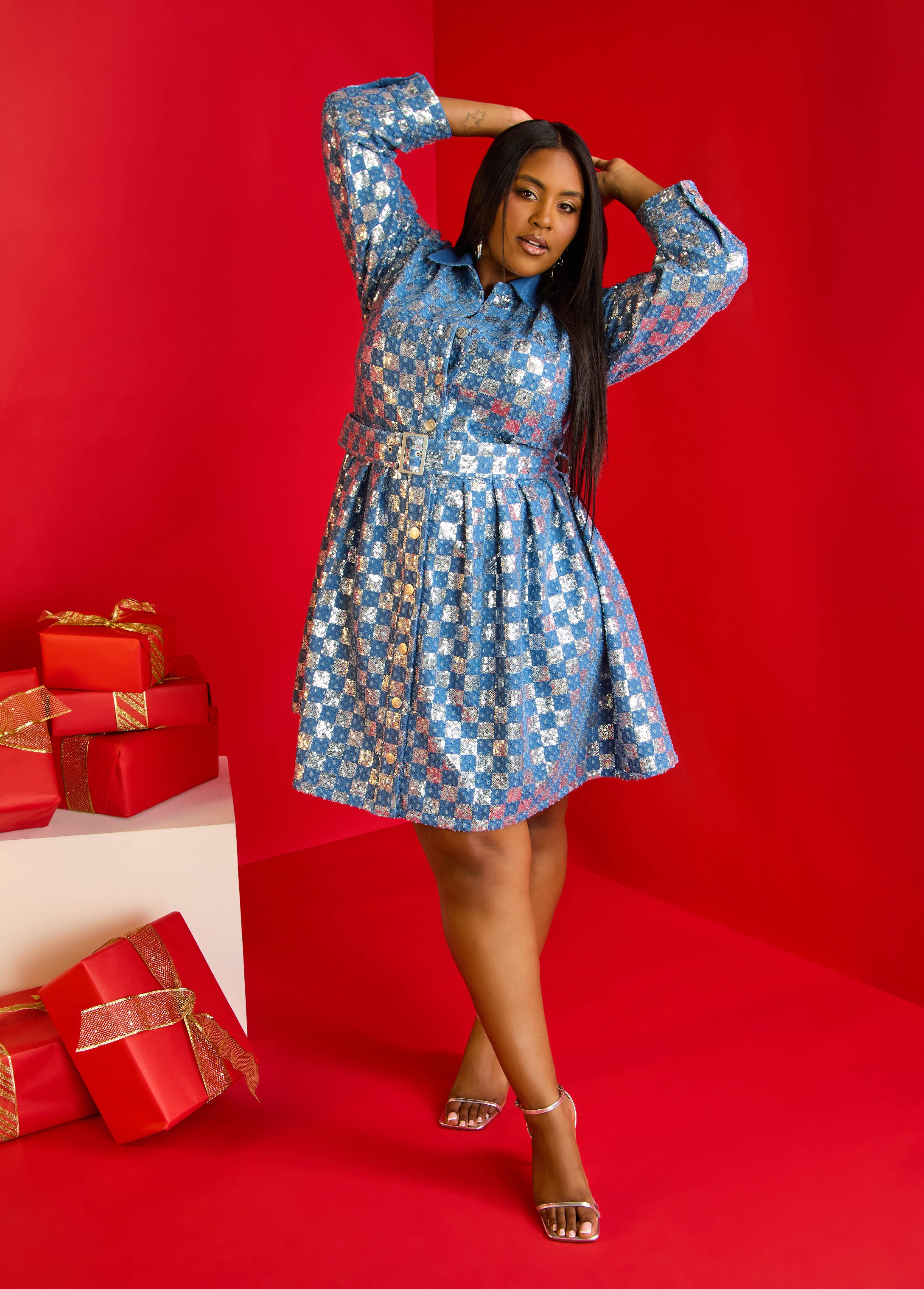 Plus Size Distressed Denim A Line Dress Sequin Jean Fit Flare Dress