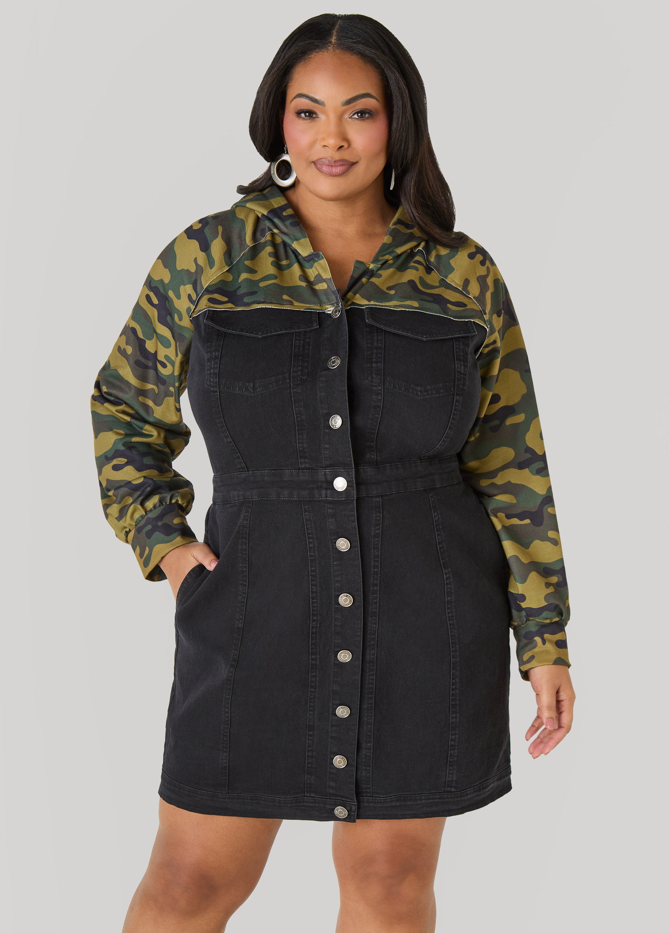 Camo Paneled Denim Bodycon Dress Ashley Stewart Camo Paneled Denim Bodycon Dress Ashley Stewart
